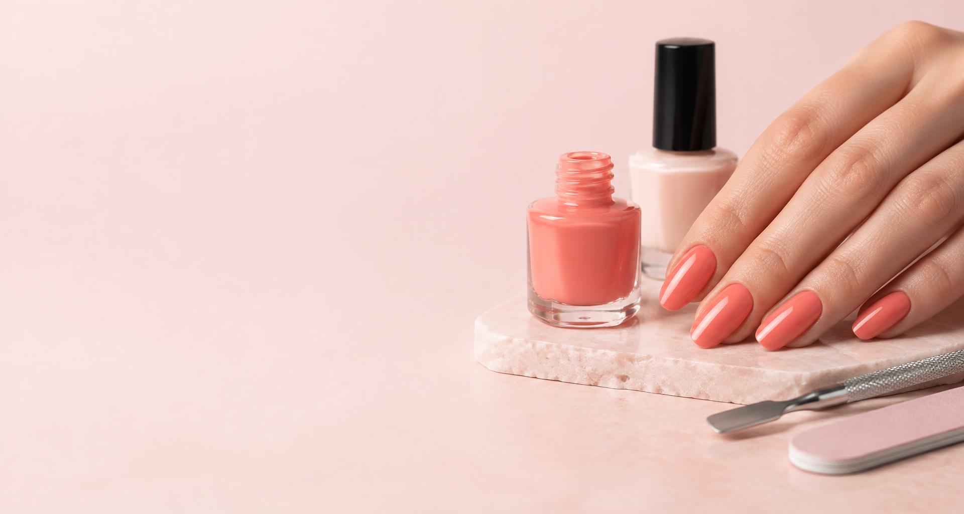 Koralowy manicure i produkty do stylizacji paznokci